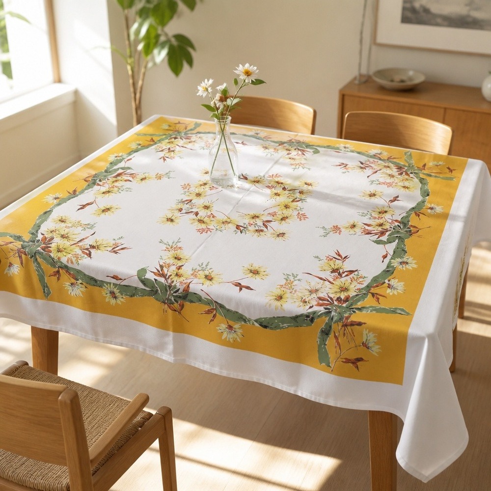 Vintage Floral Tablecloth Square 48" Yellow White Mid Century 50s Daisy